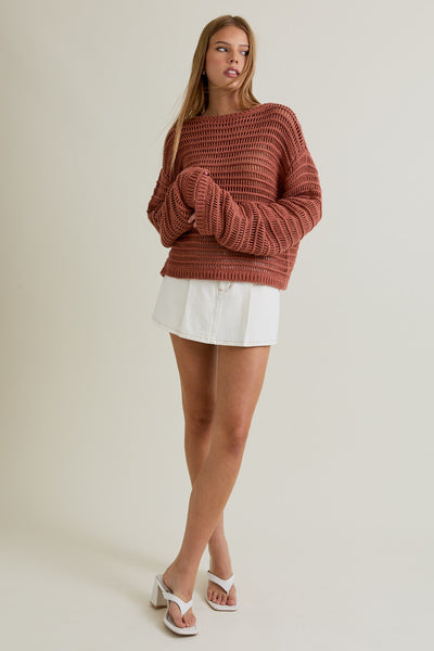 Boat Neck Openwork Sweater Top - Rust