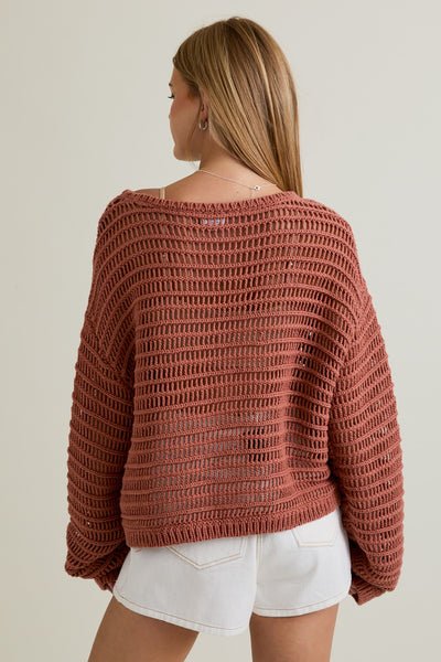 Boat Neck Openwork Sweater Top - Rust