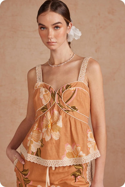 Botanical Lace Trim Peplum Top - Orange
