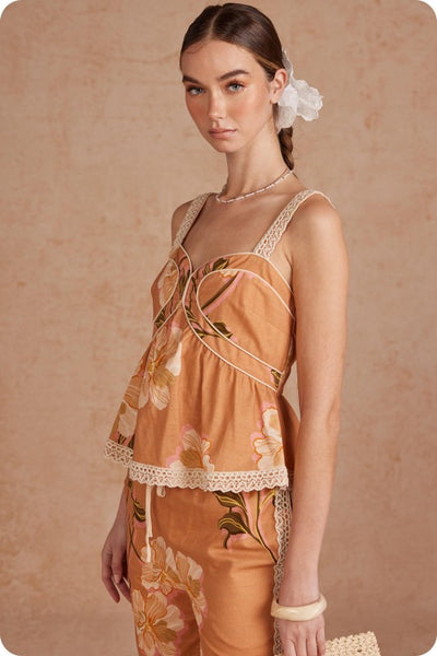 Botanical Lace Trim Peplum Top - Orange