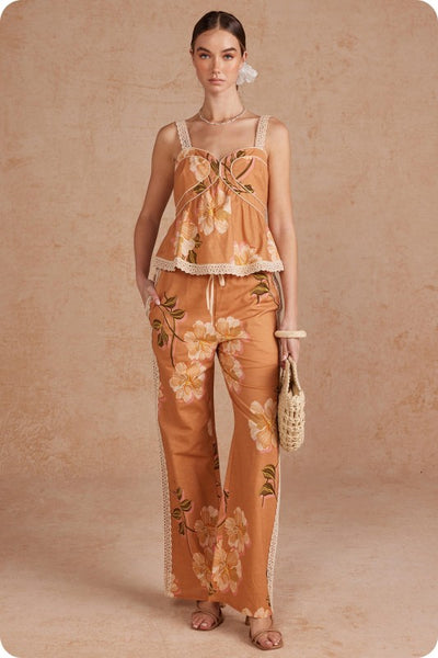 Botanical Lace Trim Peplum Top - Orange