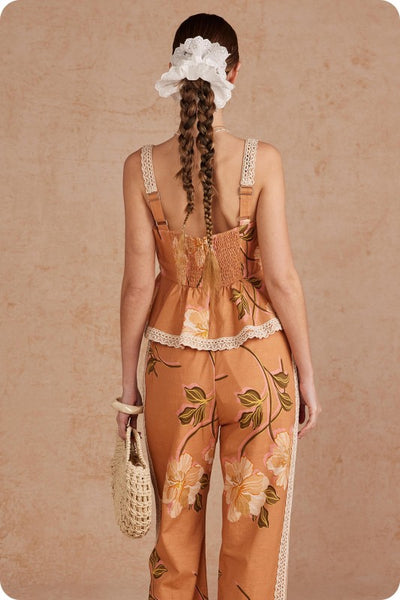 Botanical Lace Trim Peplum Top - Orange