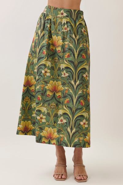Botanical Print Maxi Skirt - Olive