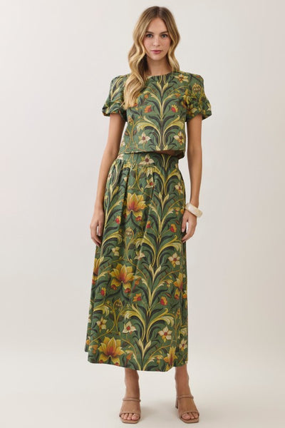 Botanical Print Maxi Skirt - Olive