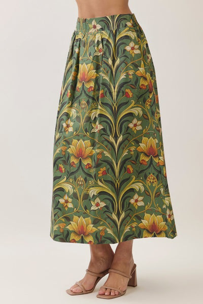 Botanical Print Maxi Skirt - Olive