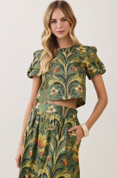 Botanical Puff Sleeve Crop Top - Olive