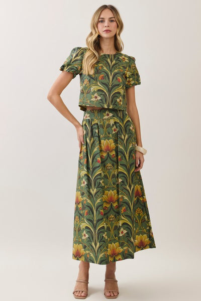 Botanical Puff Sleeve Crop Top - Olive