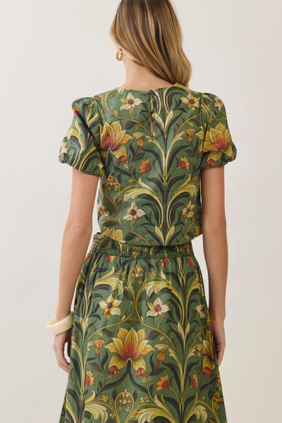 Botanical Puff Sleeve Crop Top - Olive