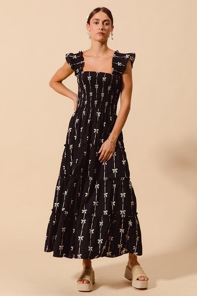 Bow Ribbon Print Smocked Maxi - Black