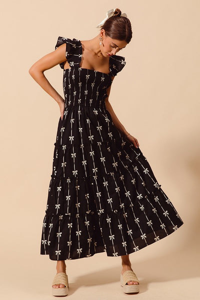 Bow Ribbon Print Smocked Maxi - Black