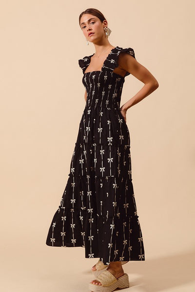 Bow Ribbon Print Smocked Maxi - Black