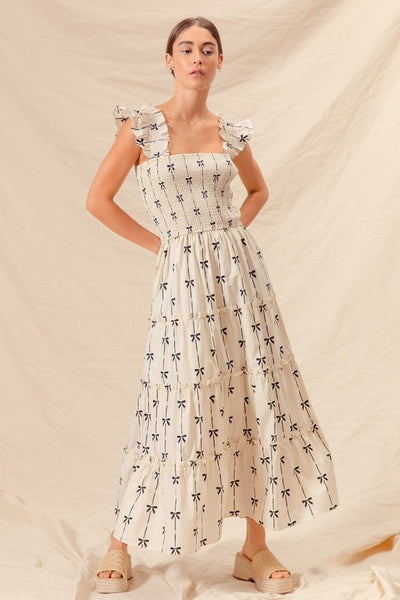 Bow Ribbon Print Smocked Maxi - Ivory