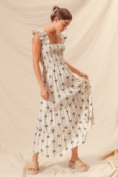 Bow Ribbon Print Smocked Maxi - Ivory