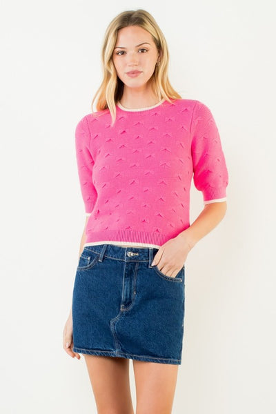 Bows Contrast Trim Knit Top - Pink