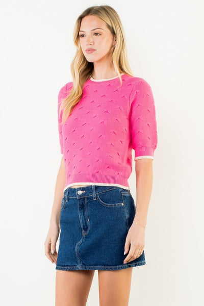 Bows Contrast Trim Knit Top - Pink