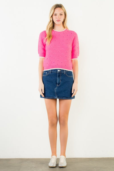 Bows Contrast Trim Knit Top - Pink