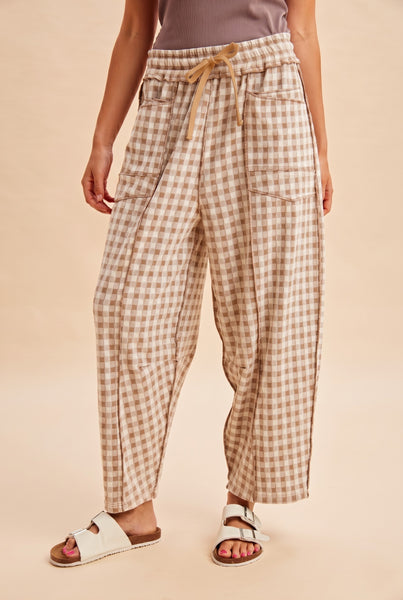 Brushed Check Barrel Fit Pants - Tan