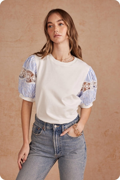 Caitlin Mixed Media Emb Top - White