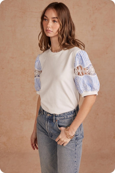 Caitlin Mixed Media Emb Top - White