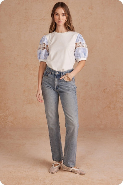 Caitlin Mixed Media Emb Top - White