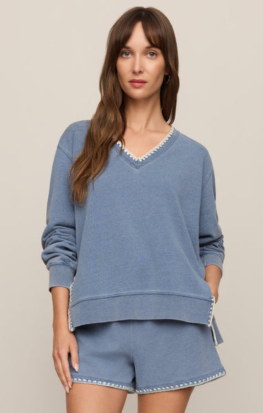 Cam Knit Denim Whipstitch Top - Denim