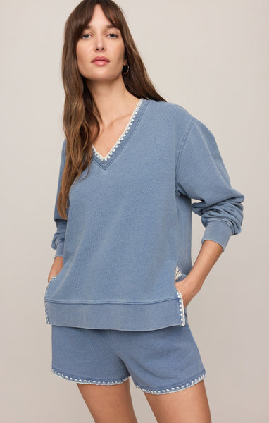 Cam Knit Denim Whipstitch Top - Denim