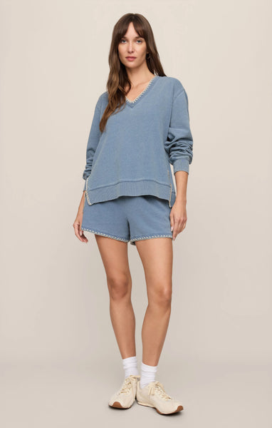 Cam Knit Denim Whipstitch Top - Denim