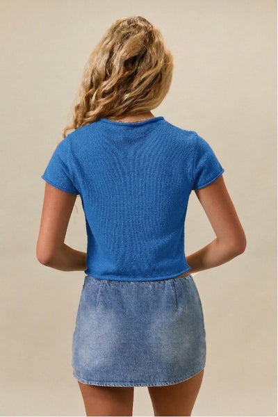 Cap Sleeve Button Down Sweater - Blue