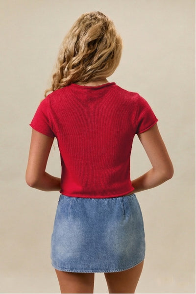 Cap Sleeve Button Down Sweater - Red