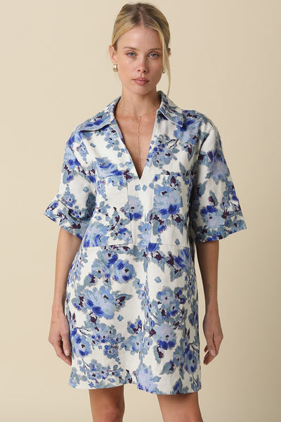 Carley Floral Collared Dress - Blue