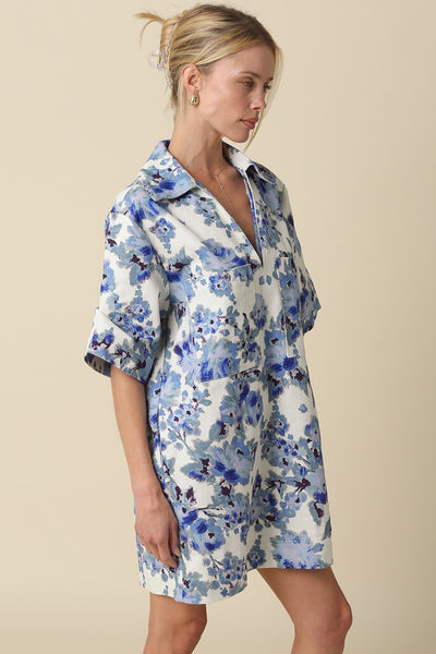 Carley Floral Collared Dress - Blue