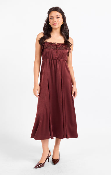 Ceremony Lace Trim Midi Dress - Wine