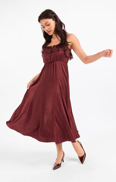 Ceremony Lace Trim Midi Dress - Wine