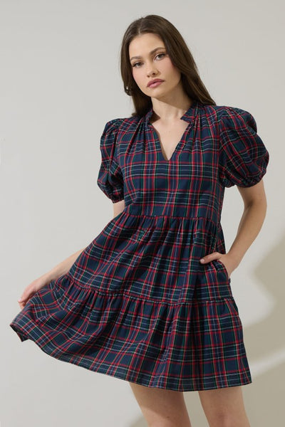 Chapman Plaid Babydoll Dress - Navy