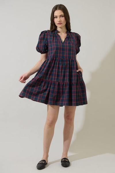 Chapman Plaid Babydoll Dress - Navy