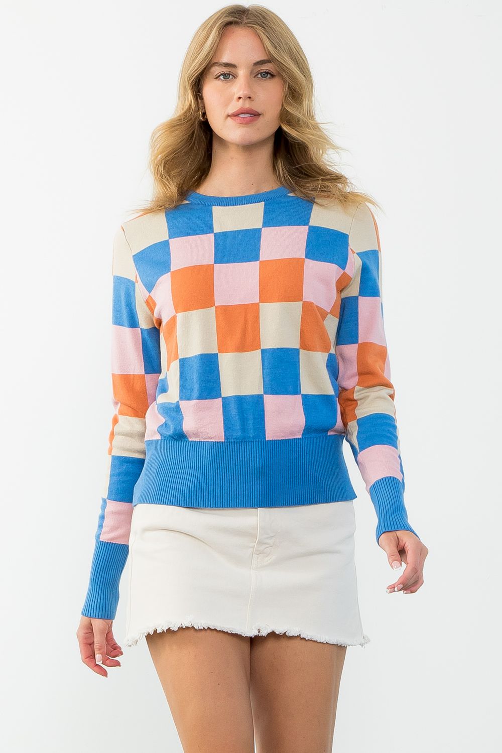 Checkered Pattern Sweater - Blue