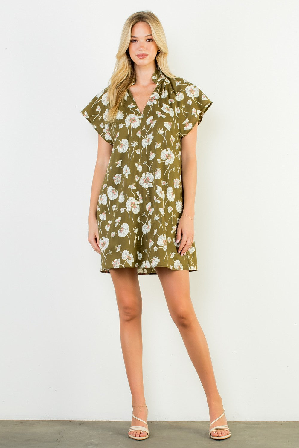 Cindy Floral V Neck Dress - Olive