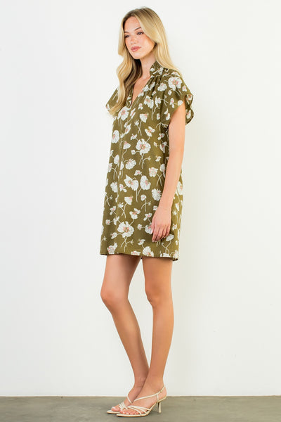 Cindy Floral V Neck Dress - Olive