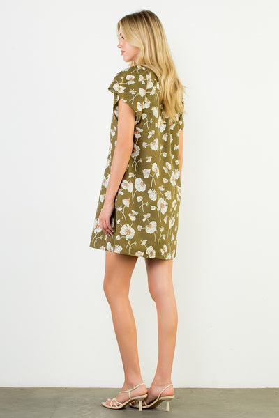 Cindy Floral V Neck Dress - Olive