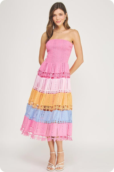 Color Block Eyelet Trim Midi - Multi