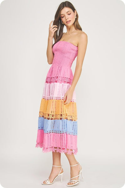 Color Block Eyelet Trim Midi - Multi