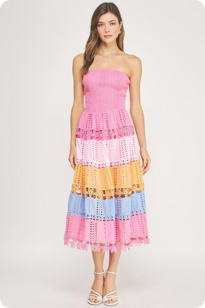 Color Block Eyelet Trim Midi - Multi