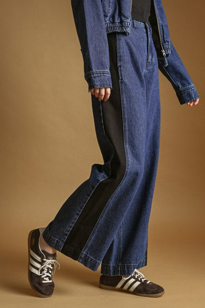 Color Contrasted Denim Pants - Denim