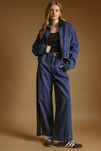 Color Contrasted Denim Pants - Denim