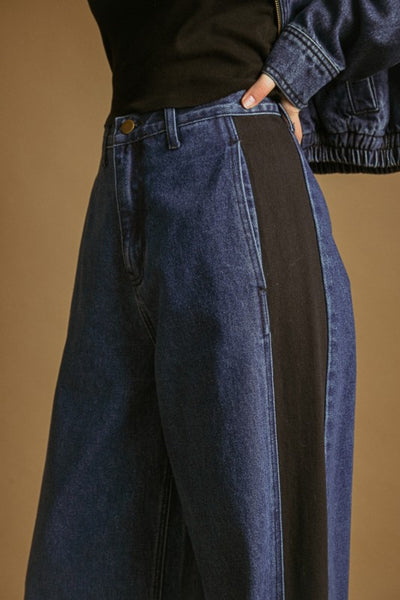 Color Contrasted Denim Pants - Denim