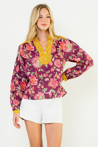 Contrast Placket Floral Top - Purple