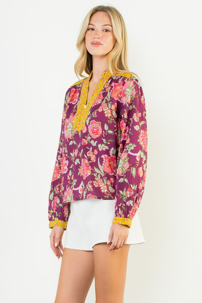 Contrast Placket Floral Top - Purple