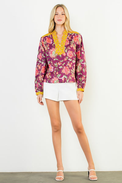 Contrast Placket Floral Top - Purple