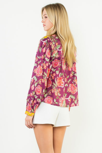 Contrast Placket Floral Top - Purple
