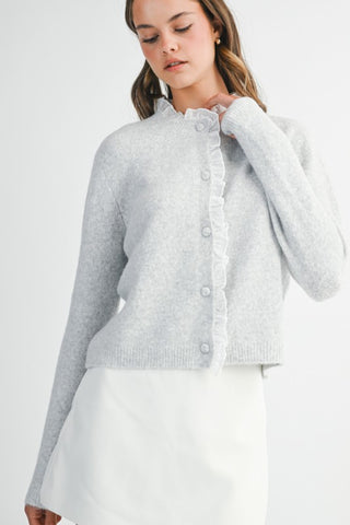 Contrast Ruffle Trim Cardigan - Grey